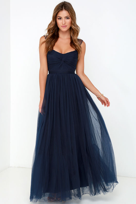 2019 Hot U Neck Dark Blue  Prom  Dresses  Cheap  Tulle Long 